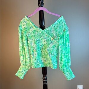 BB Dakota by Steve Madden Green Floral Smocked Off-Shoulder Top